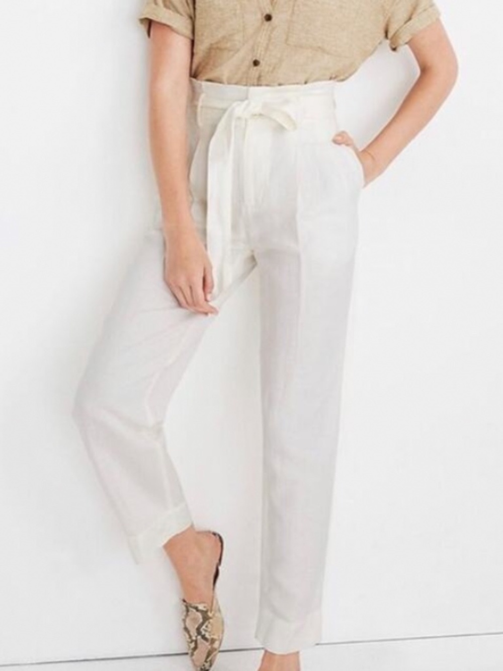 Madewell Linen Paper Bag Pants NWT High Rise Flowy Trousers AN840 Sz 0 Tie Belt